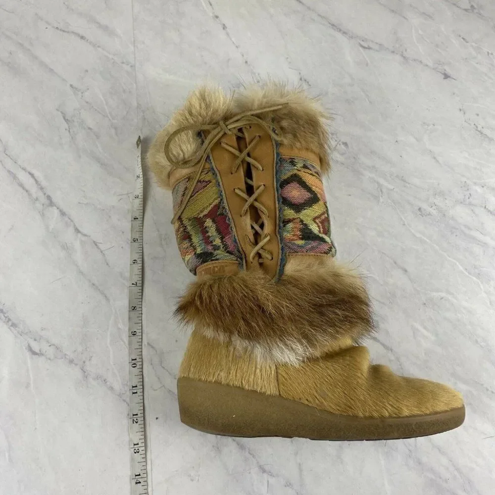 Tecnica Fur Boots 6 Womens Tan Ski Aztec Boho Festival Lace Up Apres Wedge